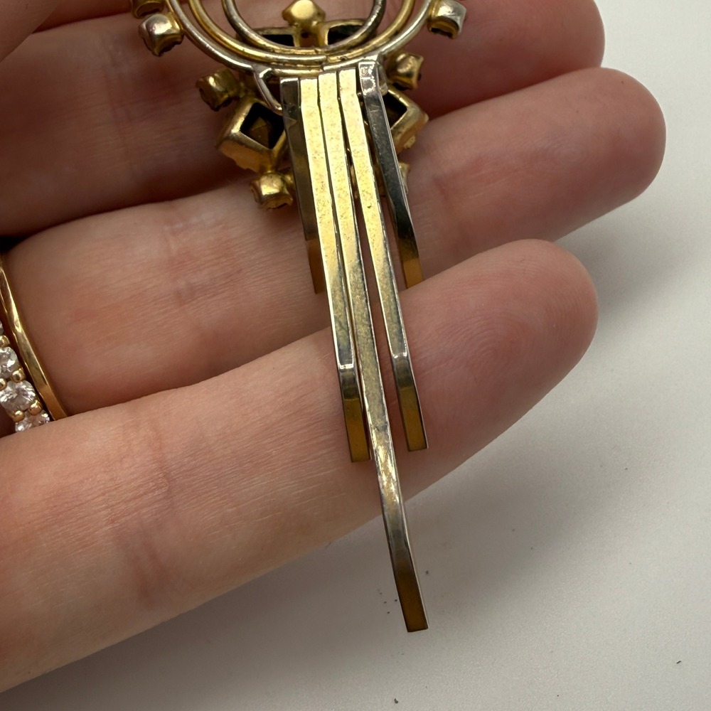 Art Deco Brooch Pendant 40s 50s Women OS Gold Teal Rhinestone Good Vintage - Picture 8 of 11